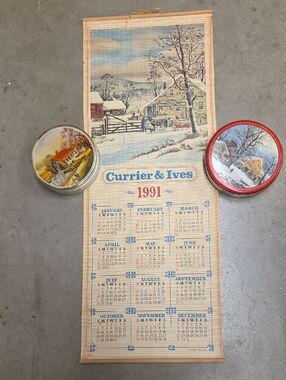 Vintage 1990-91 Currier & Ives Bamboo Scroll Wall‎ Calendar And 2 Tins